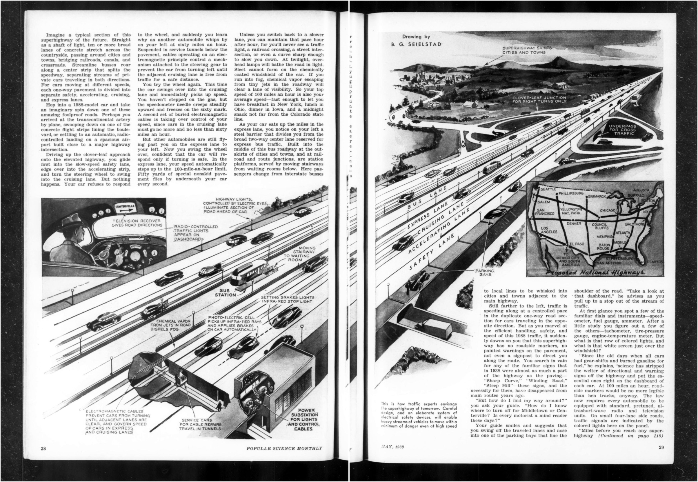 A 1938 Popular Science illustration showing a car interior in which the driver has released the steering wheel and sits back while electric signals steer the vehicle.